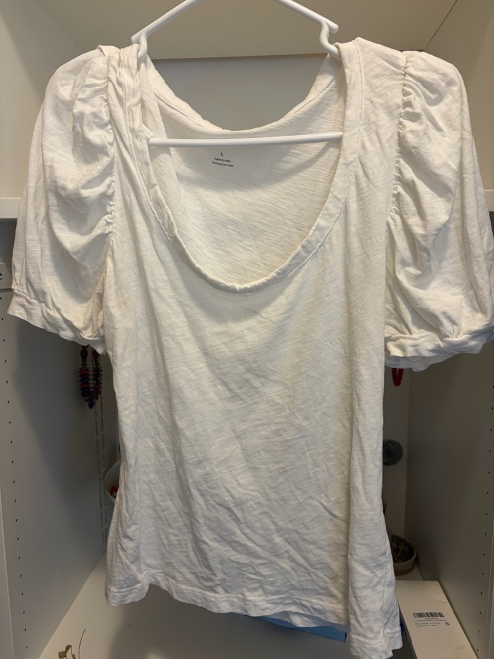 Anthropologie White Puff Sleeve Scoop Neck Top
